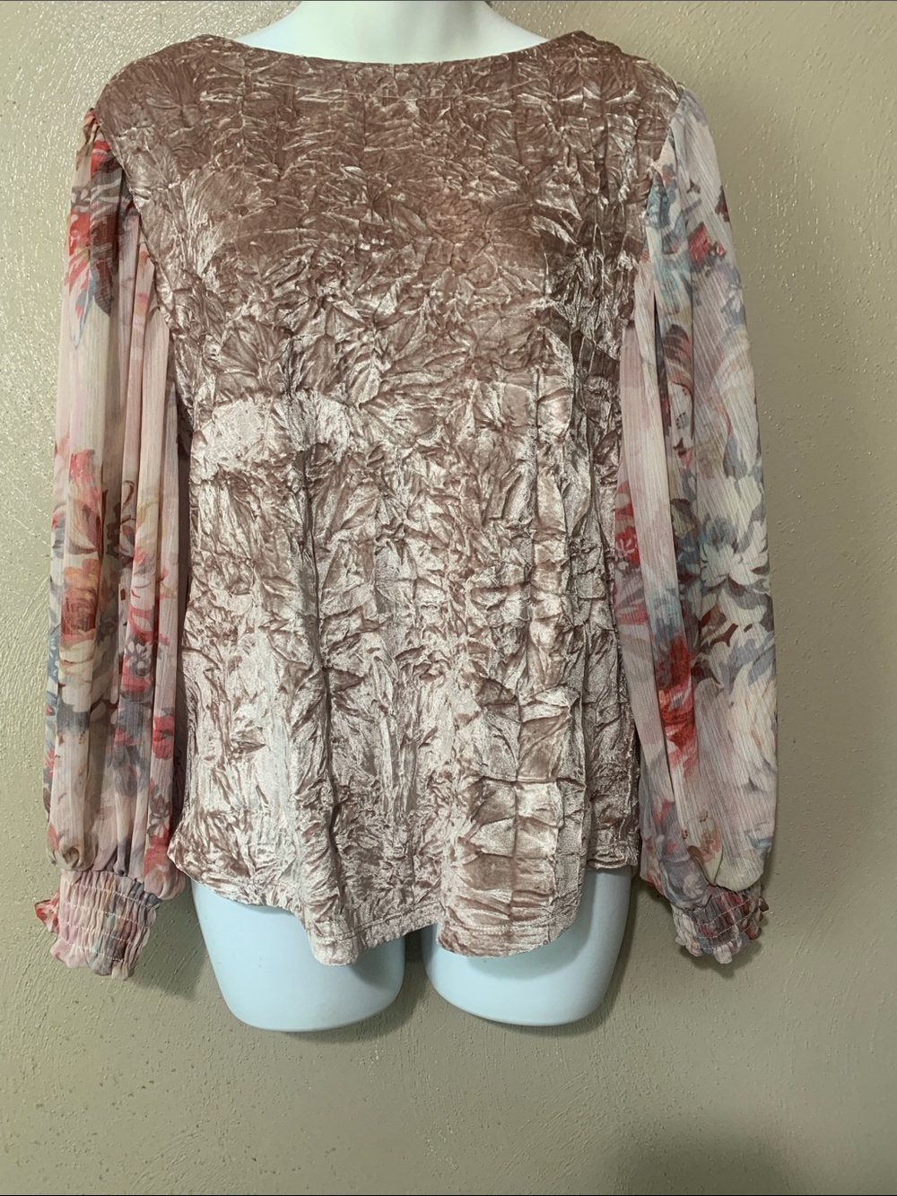 Anthropologie Meadow Rue size XS Crushed Velvet Blouse Floral Sheer Sleeves